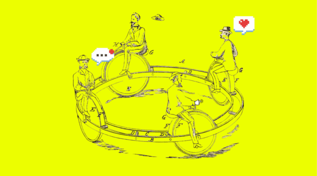 A group of vintage figures ride a circular machine, symbolising the endless, repetitive cycle of algorithmic scrolling and shallow interactions.