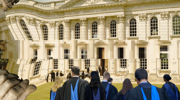 This image shows a large white, traditional, old building. The top half of the building represents the humanities (which is symbolised by the embedded text from classic literature which is faintly shown ontop the building). The bottom section of the building is embossed with mathematical formulas to represent the sciences. The middle layer of the image is heavily pixelated. On the steps at the front of the building there is a group of scholars, wearing formal suits and tie attire, who are standing around at the enternace talking and some of them are sitting on the steps. There are two stone, statute-like hands that are stretching the building apart from the left side. In the forefront of the image, there are 8 students - which can only be seen from the back. Their graduation gowns have bright blue hoods and they all look as though they are walking towards the old building which is in the background at a distance. There are a mix of students in the foreground.