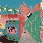 A brightly coloured illustration which can be viewed in any direction. It has many elements to it working together: men in suits around a table, someone in a data centre, big hands controlling the scenes and holding a phone, people in a production line. Motifs such as network diagrams and melting emojis are placed throughout the busy vignettes.