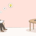 A person sits in an armchair and writes in a notebook, with speech bubbles showing indefinite strokes and then a lightbulb. Nearby, a table with a laptop showing an LLM chatbot interface and a cup.