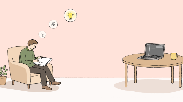 A person sits in an armchair and writes in a notebook, with speech bubbles showing indefinite strokes and then a lightbulb. Nearby, a table with a laptop showing an LLM chatbot interface and a cup.