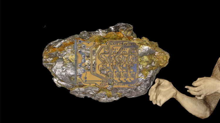 A rock embedded with intricate circuit board patterns, held delicately by pale hands drawn in a ghostly style. The contrast between the rough, metallic mineral and the sleek, artificial circuit board illustrates the relationship between raw natural resources and modern technological development. The hands evoke human involvement in the extraction and manufacturing processes.