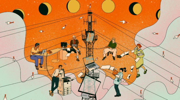 The undying sun hangs in the sky, as people gather around signal towers, working through their digital devices.