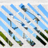 Paper collage. A photograph of the Atomium in Brussels, cut into diagonal strips and reassembled over a grid of numbers.