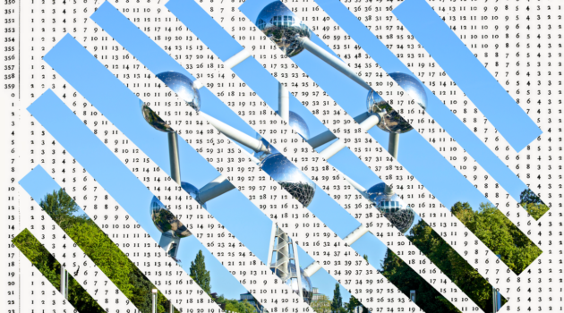 Paper collage. A photograph of the Atomium in Brussels, cut into diagonal strips and reassembled over a grid of numbers.
