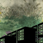 This image is a collage with a colourful Japanese vintage landscape showing a mountain, hills, flowers and other plants and a small stream. There are 3 large black data servers placed in the bottom half of the image, with a cloud of black smoke emitting from them, partly obscuring the scenery.
