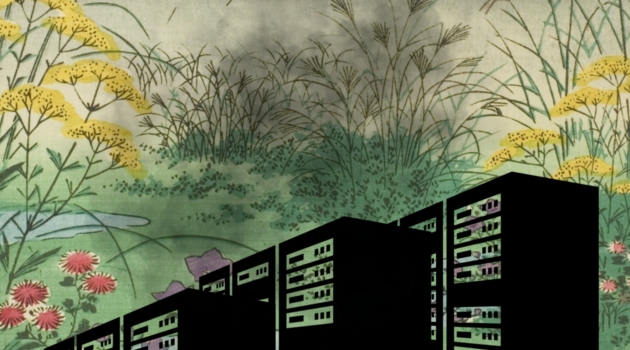 This image is a collage with a colourful Japanese vintage landscape showing a mountain, hills, flowers and other plants and a small stream. There are 3 large black data servers placed in the bottom half of the image, with a cloud of black smoke emitting from them, partly obscuring the scenery.