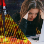 A collage of a female office worker seated at a desk surrounded by stacks of paperwork while multiple firehoses spray streams of fiery liquid around her.