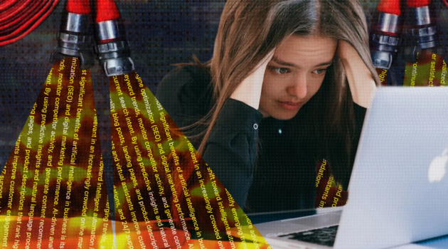 A collage of a female office worker seated at a desk surrounded by stacks of paperwork while multiple firehoses spray streams of fiery liquid around her.