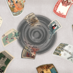 An abstract spiral of dark circles appears at the centre, resembling a tornado. Several vintage magazine covers and advertisements are being drawn toward the spiral. The artworks that have already been pulled into it are becoming distorted and replaced with clusters of numbers representing their numerical embeddings.