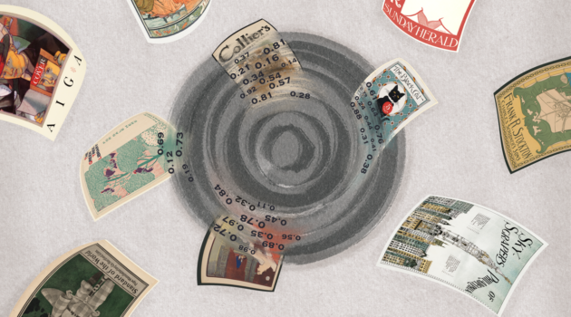 An abstract spiral of dark circles appears at the centre, resembling a tornado. Several vintage magazine covers and advertisements are being drawn toward the spiral. The artworks that have already been pulled into it are becoming distorted and replaced with clusters of numbers representing their numerical embeddings.