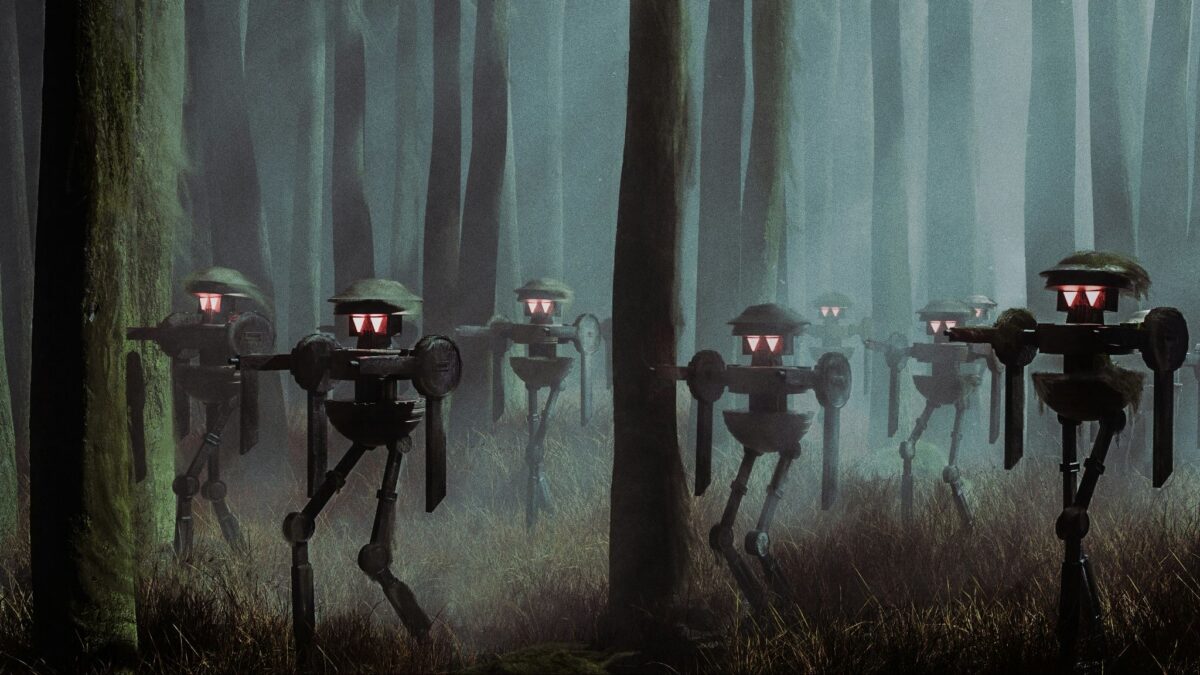 Anthropomorphized robots walk through a foggy forest in the dark